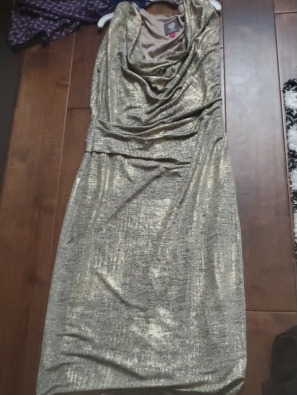 Vince Camuto Metallic Gold Cowl Midi Dress
